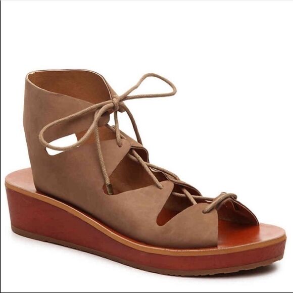 Lucky Brand Hipsta Open Toe Leather Wedge Sandals Tan Brown Size 7.5 - Picture 1 of 11